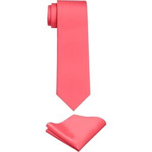 Men's Coral Pink Solid Color Imported Formal Neck Ties And Pocket Square Sets